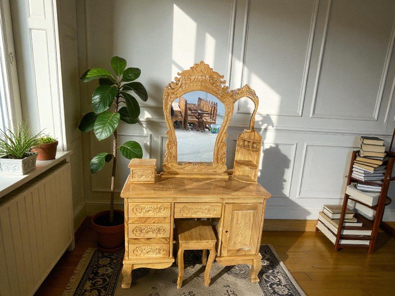 Chi tiết kết cấu ray trượt và bản lề của bàn trang điểm bằng gỗ chất lượng cao