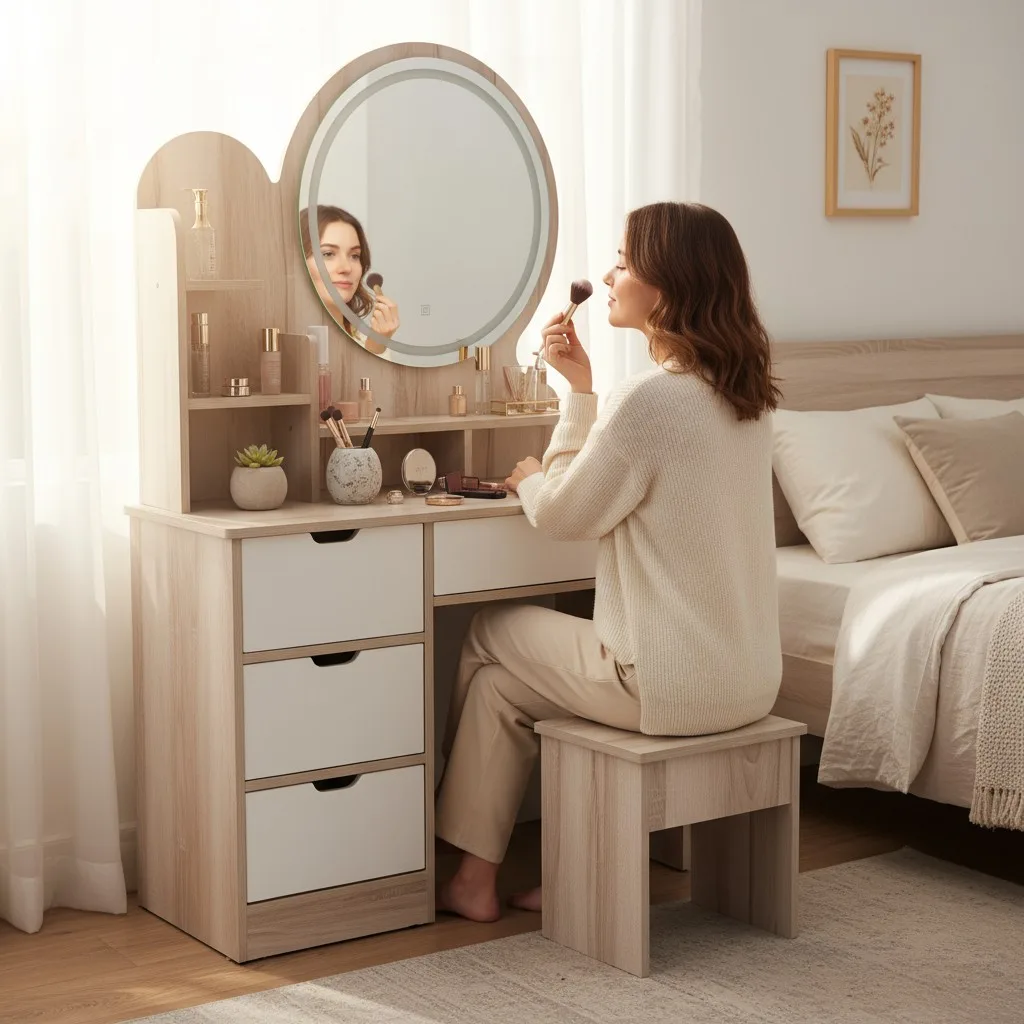 Bán Bàn Trang Điểm - Khám Phá Bộ Sưu Tập Sang Trọng Cho Phòng Ngủ Hiện Đại 19 Bàn trang điểm gỗ công nghiệp chân kim loại phong cách Bắc Âu