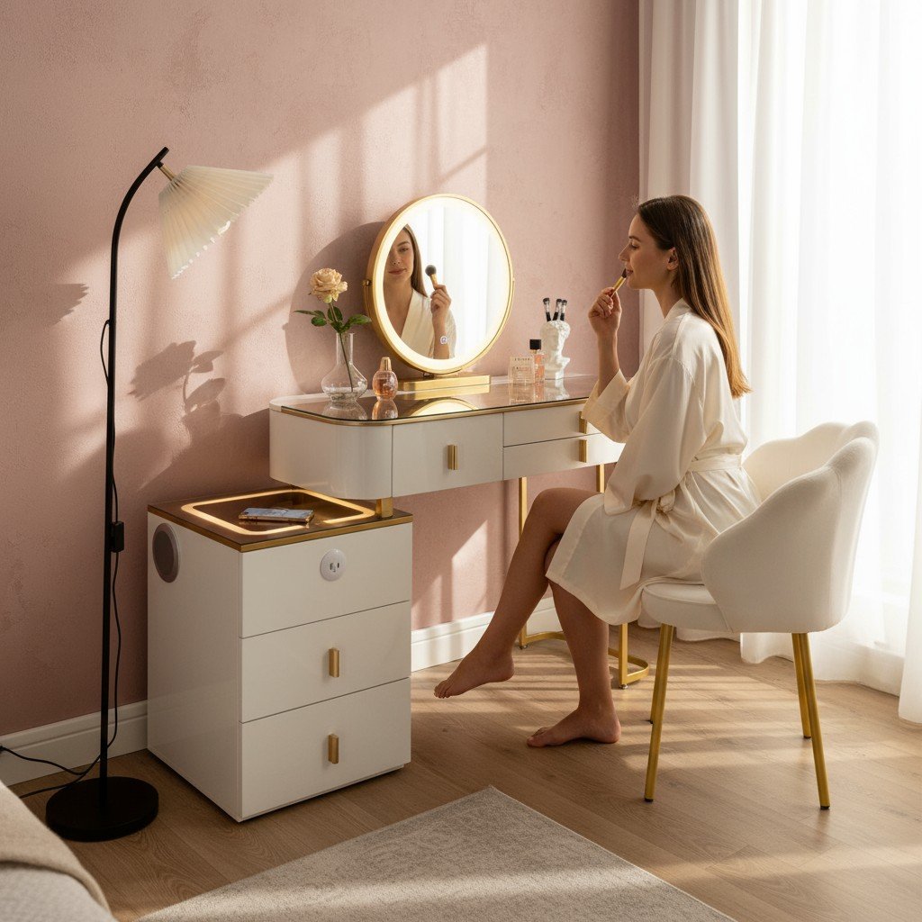 Mẫu bàn phấn trang điểm màu trắng sang trọng cho phòng ngủ