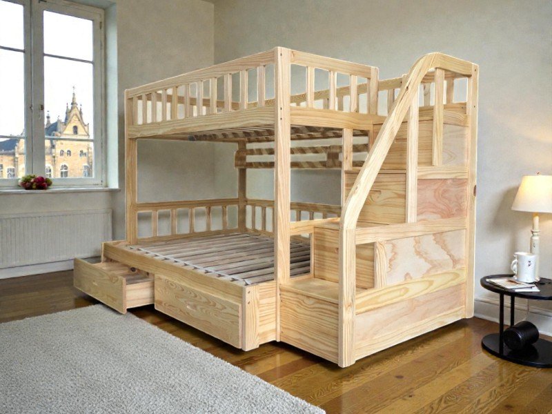 Thiết kế giường tầng gỗ tự nhiên đẹp cho trẻ em với lan can an toàn