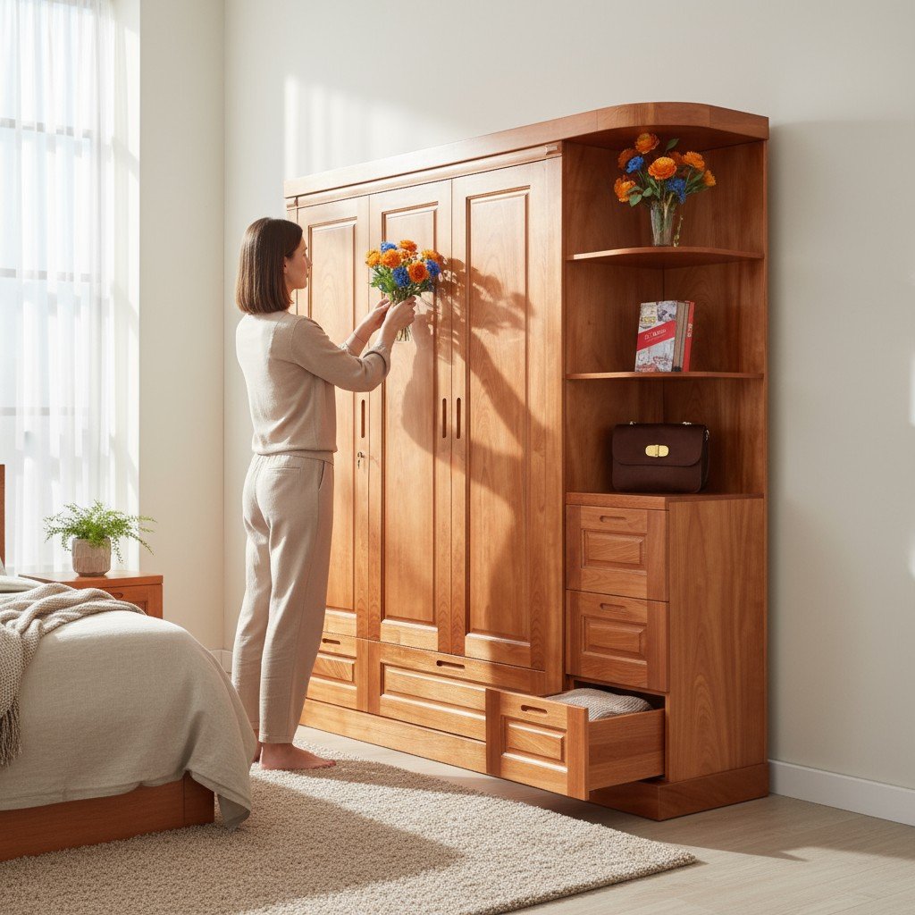 Tủ quần áo gỗ xoan đào màu nâu cánh gián truyền thống cao cấp