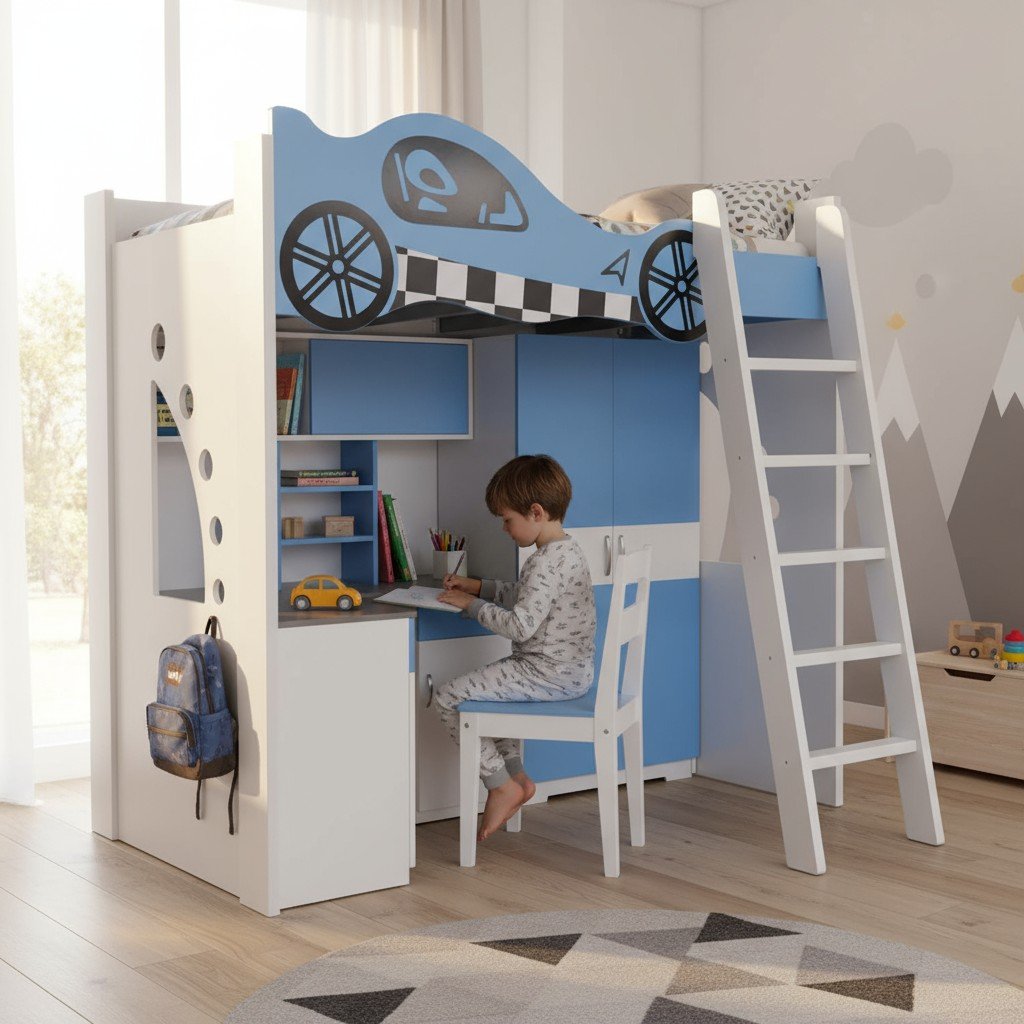 Giường 2 tầng cho bé trai có cầu trượt vui nhộn màu xanh lá cây an toàn