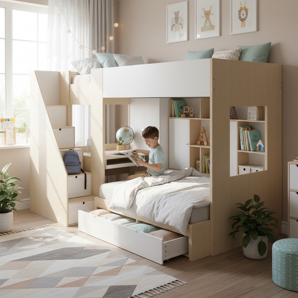 Giường tầng cho bé trai màu xanh dương hiện đại với cầu thang an toàn và thanh chắn chắc chắn