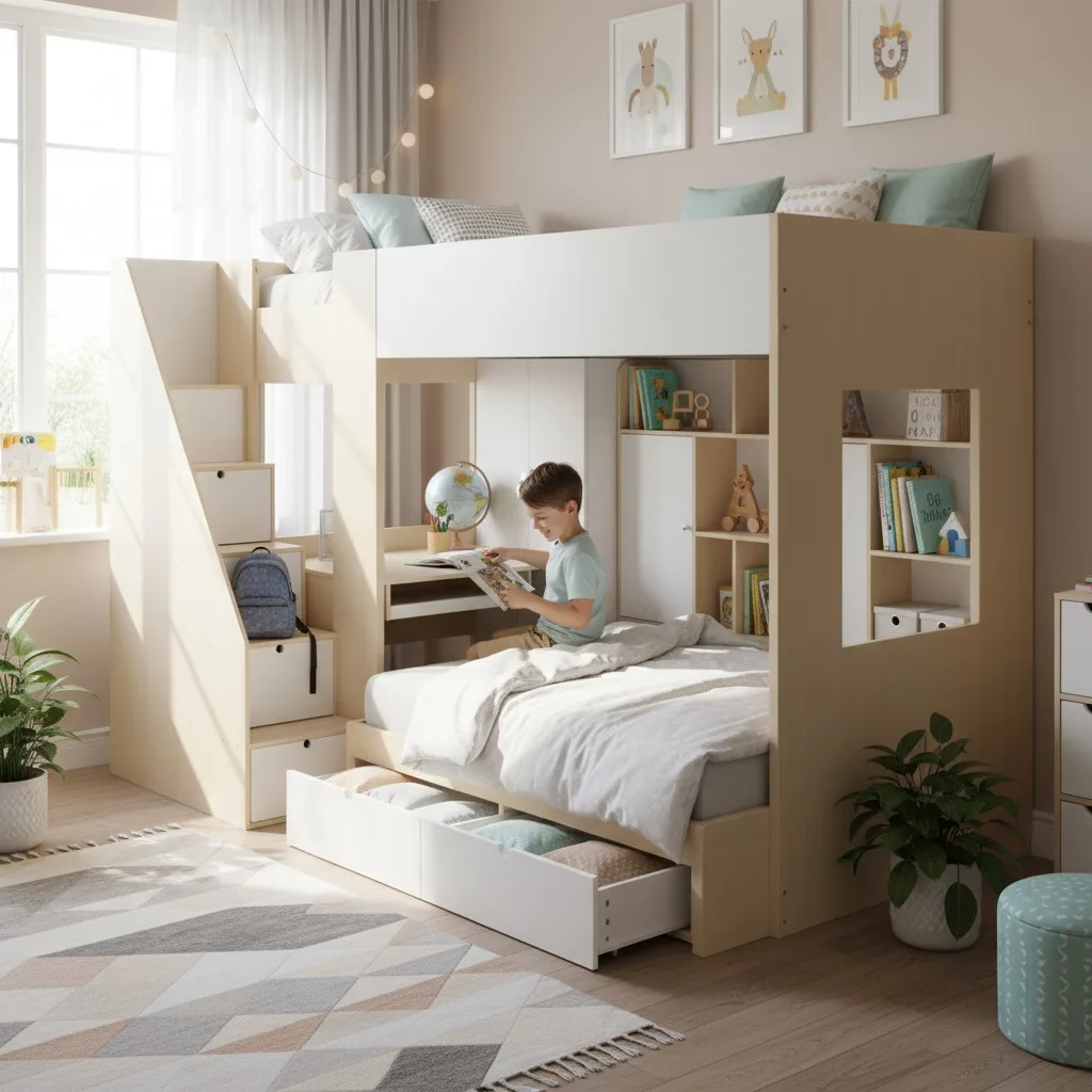Giường Tầng Cho Bé Trai: Giải Pháp Thông Minh Cho Phòng Ngủ Hiện Đại 21 Giường tầng cho bé trai màu xanh dương hiện đại với cầu thang an toàn và thanh chắn chắc chắn