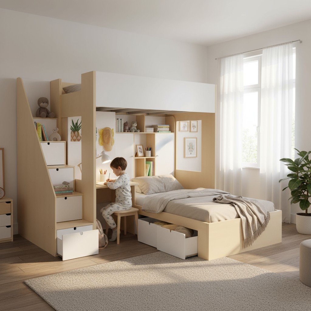 Giường tầng phong cách scandinavian màu trắng gỗ tự nhiên cho phòng ngủ bé trai hiện đại