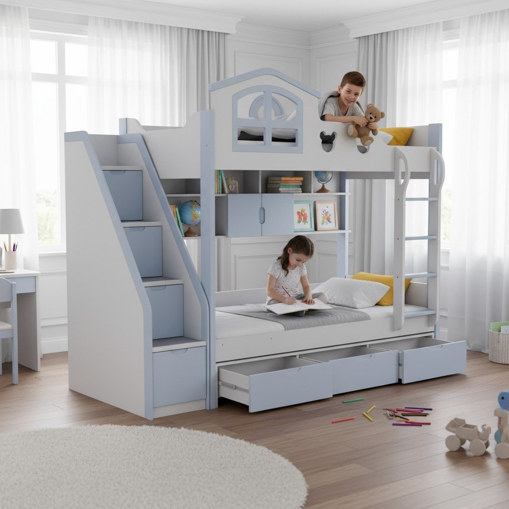 Mẫu giường tầng chữ L kết hợp tủ quần áo đa năng cho 2 bé trai tiện lợi