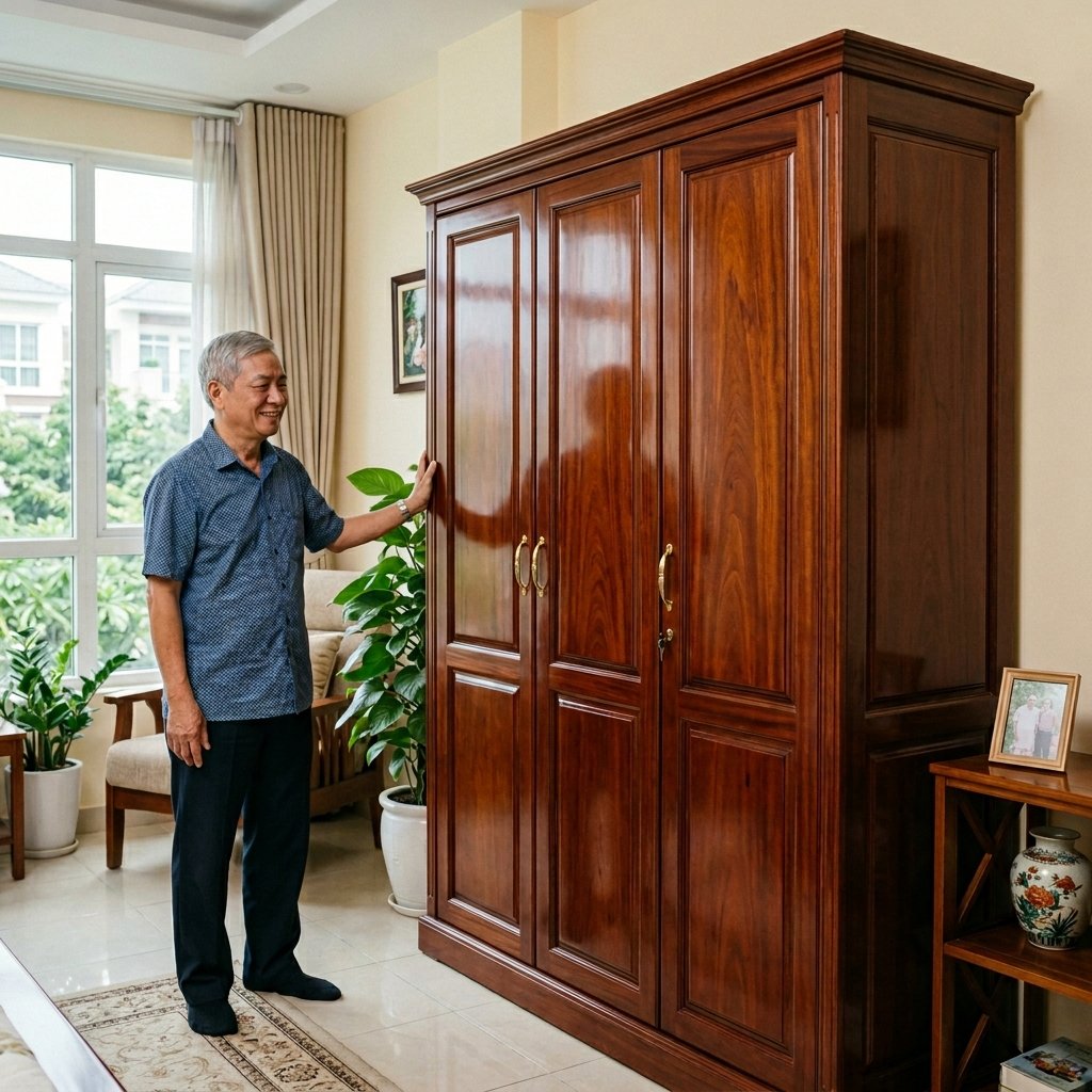 Anh Tâm, Quận 2, mua tủ 4 cánh gỗ xoan đào từ năm 2020, đến nay vẫn đẹp như mới
