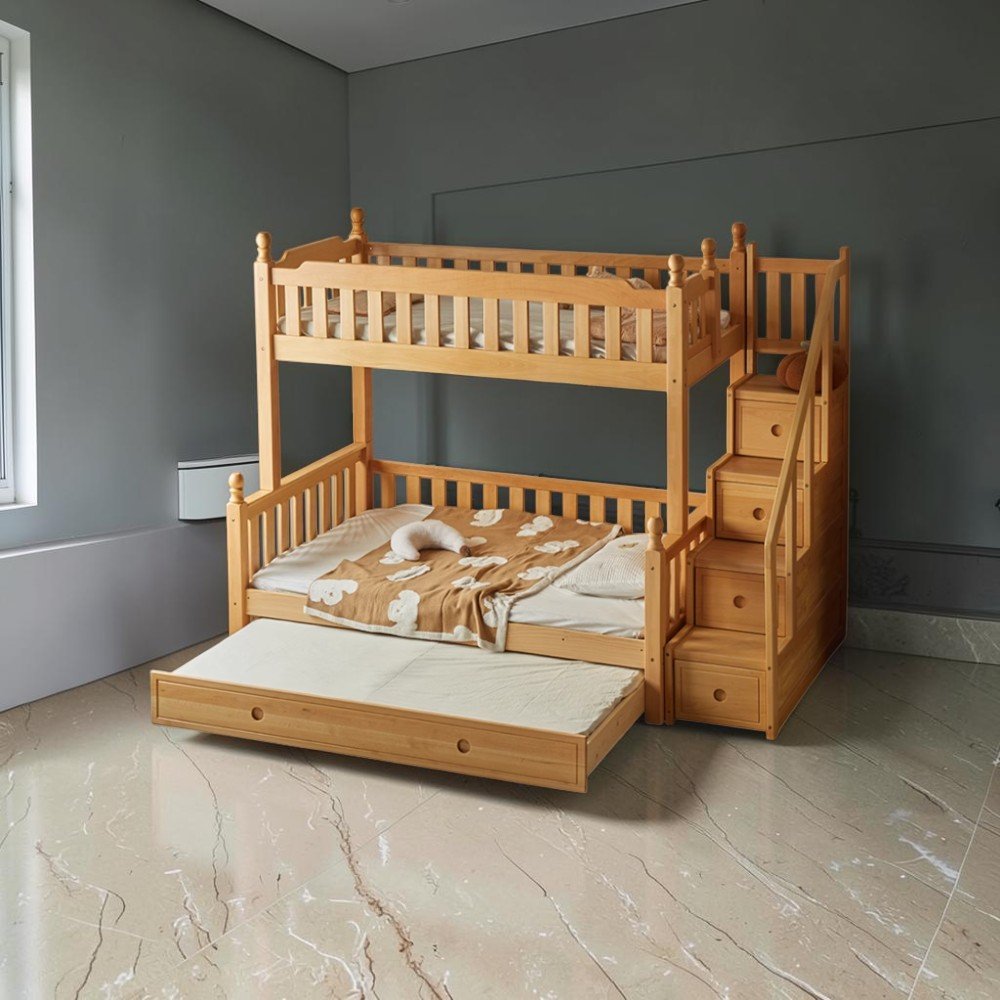 Giường 2 tầng 1m6x2m gỗ sồi tự nhiên dáng trơn cơ bản