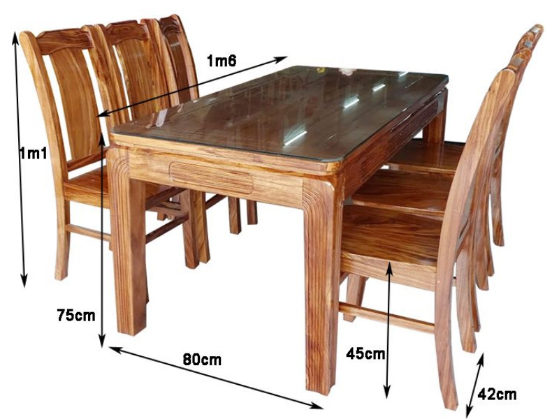 Kích thước bộ bàn ăn gỗ Hương Xám