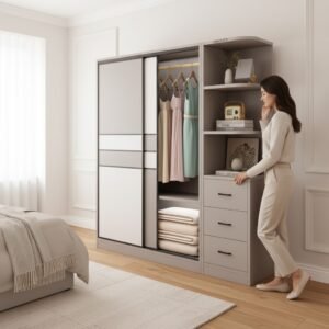 Thiết kế tủ gỗ đựng quần áo có gương soi và ngăn kéo đa năng