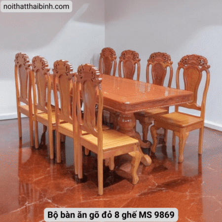 Bộ bàn ăn gõ đỏ 8 ghế MS 9869 10 Bộ bàn ăn gõ đỏ 8 ghế MS 9869