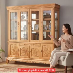 Tủ rượu gỗ gõ đỏ 4 cửa