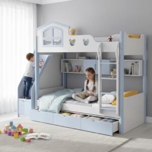 Mẫu giường tầng thông minh kết hợp bàn học dành cho bé trai tiết kiệm không gian phòng nhỏ