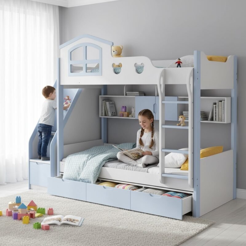 Mẫu giường tầng thông minh kết hợp bàn học dành cho bé trai tiết kiệm không gian phòng nhỏ