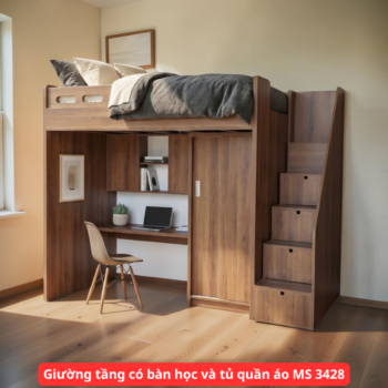 Giường tầng có bàn học và tủ quần áo MS 3428