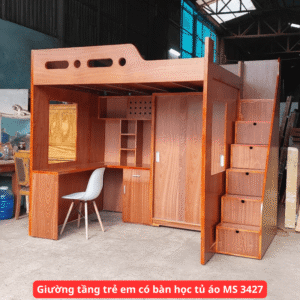 Giường Tầng Gỗ kết hợp bàn học và tủ quần áo MS 3427
