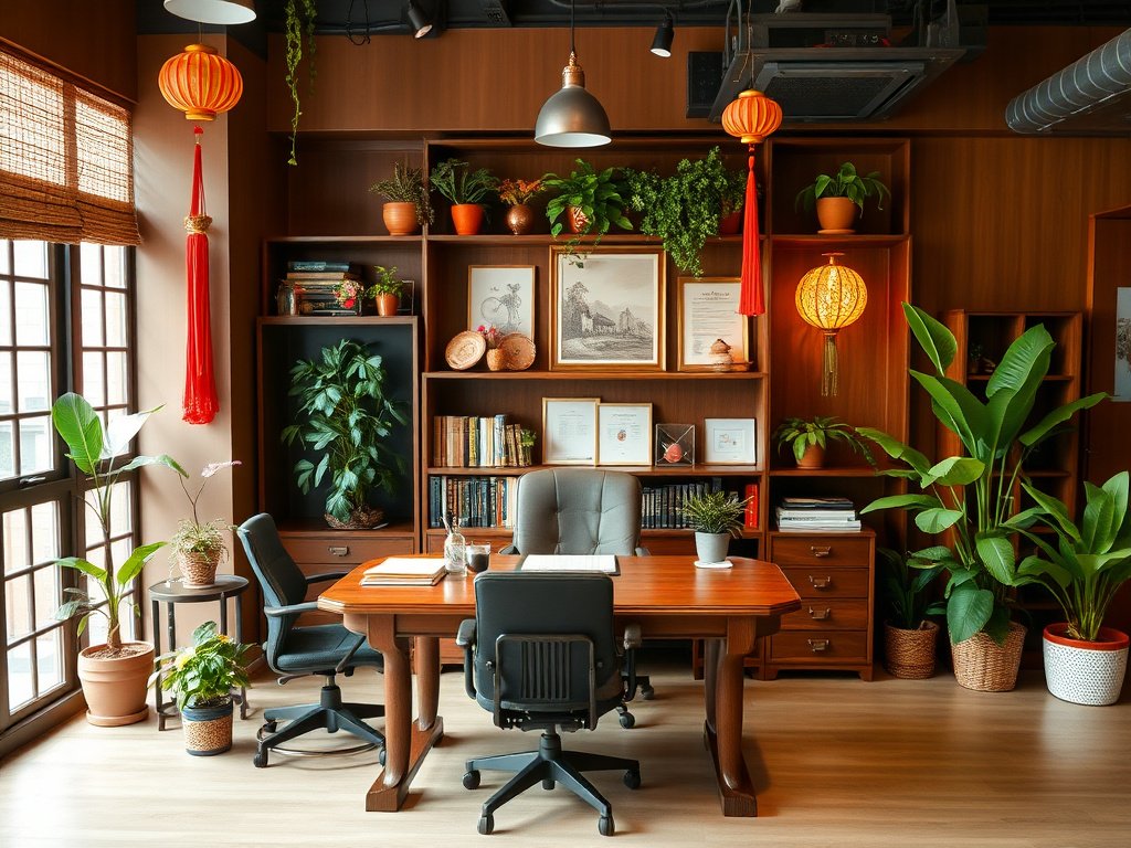4 Điều Cần Biết Khi Chọn Bàn Làm Việc Gỗ Công Nghiệp 4 Vietnamese office with organized wooden desk and decorations