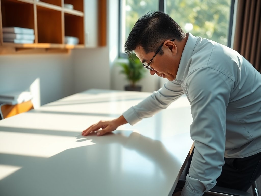 6 Mẹo Giữ Bàn Làm Việc Luôn Sáng Bóng Mà Bạn Cần Biết 6 Người đàn ông Việt Nam kiểm tra bề mặt bàn