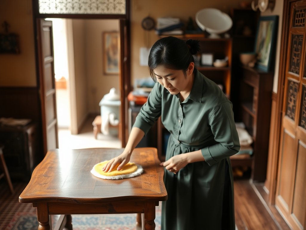 Giới Thiệu Dung Dịch Vệ Sinh Đồ Gỗ Chuyên Dụng Tốt Nhất 3 Người phụ nữ Việt đánh bóng bàn gỗ trong không gian nhà ấm cúng