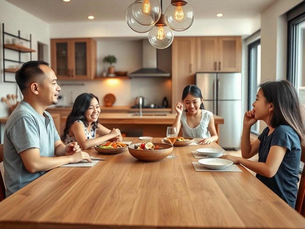 Giới Thiệu Dung Dịch Vệ Sinh Đồ Gỗ Chuyên Dụng Tốt Nhất 6 Gia đình Đông Nam Á chiêm ngưỡng bàn ăn gỗ sạch sẽ trong bếp hiện đại