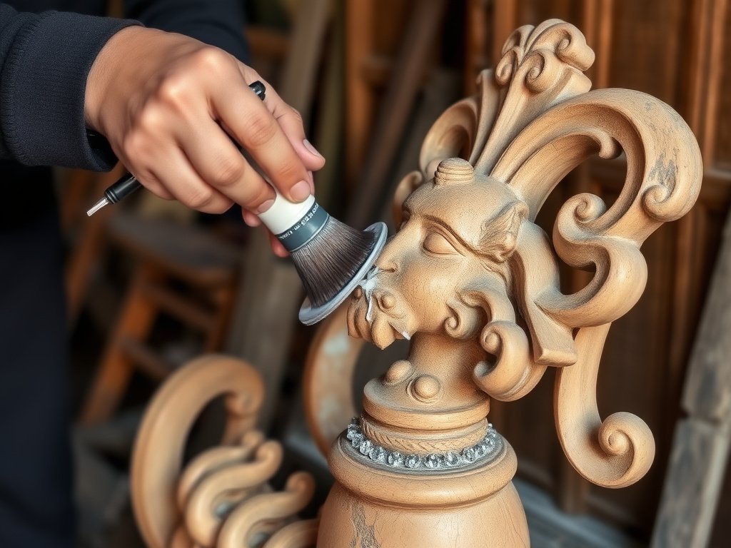 Giới Thiệu Dung Dịch Vệ Sinh Đồ Gỗ Chuyên Dụng Tốt Nhất 7 Chi tiết tác phẩm điêu khắc gỗ đang được làm sạch trong khung cảnh truyền thống