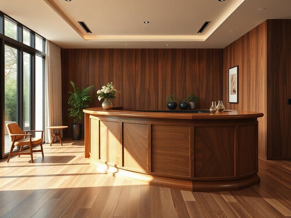 Khảo sát thực tế dòng gỗ thông dụng (Gỗ Sồi, Xoan đào, Óc chó) - quầy lễ tân sang trọng giá rẻ