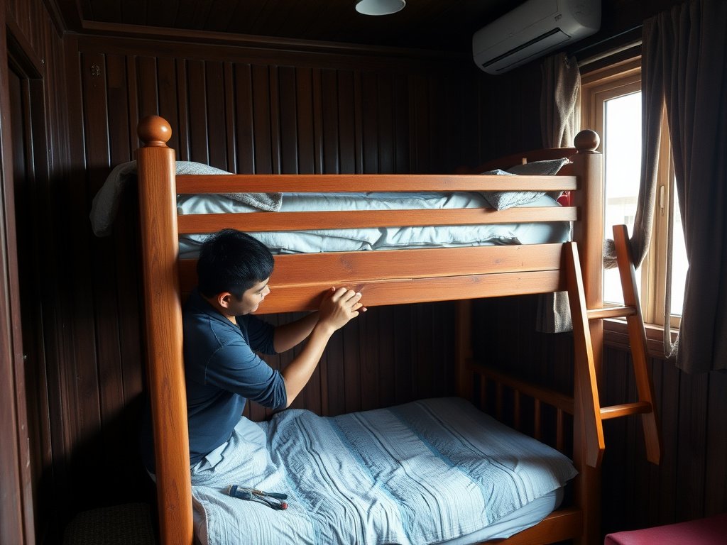 6 Bước Xử Lý Vết Trầy Giường Tầng Đơn Giản Tại Nhà 2 Người đàn ông Việt Nam sửa vết trầy giường tầng gỗ trong căn hộ Việt Nam