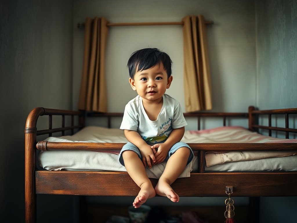 Dấu Hiệu Giường Tầng Cần Thay Mới: Khi Nào Là Thời Gian Thích Hợp Nhất? 2 Một đứa trẻ Việt ngồi trên giường tầng bị hỏng