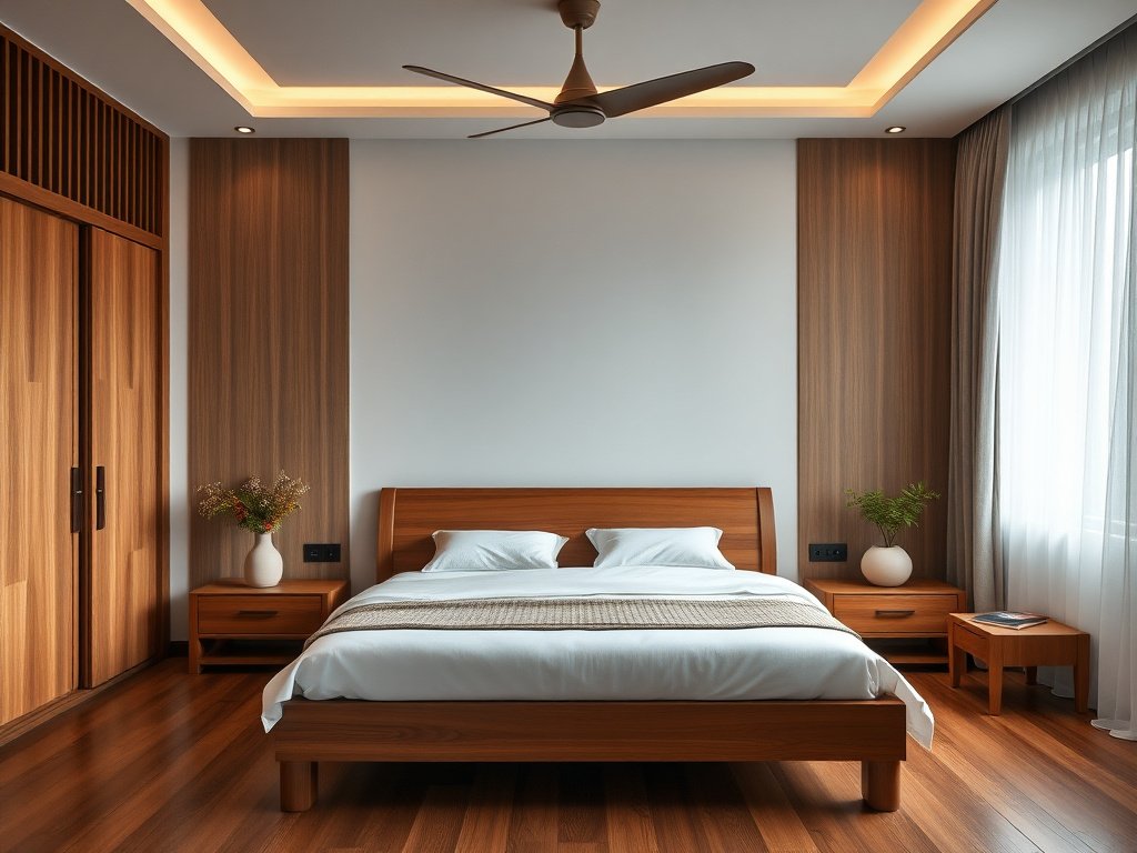 Phòng ngủ chính người Việt có giường gỗ tối giản