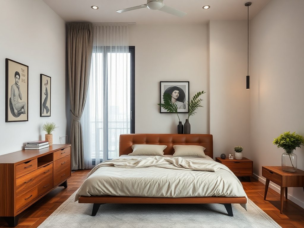 Phòng ngủ hiện đại với giường da trong căn hộ Việt Nam.