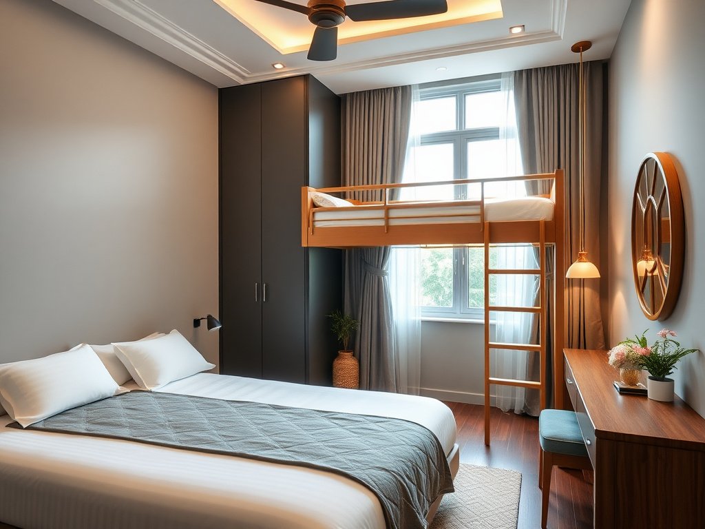 Phòng khách thiết kế trang nhã trong nhà Việt Nam, nổi bật giường tầng được chọn kĩ