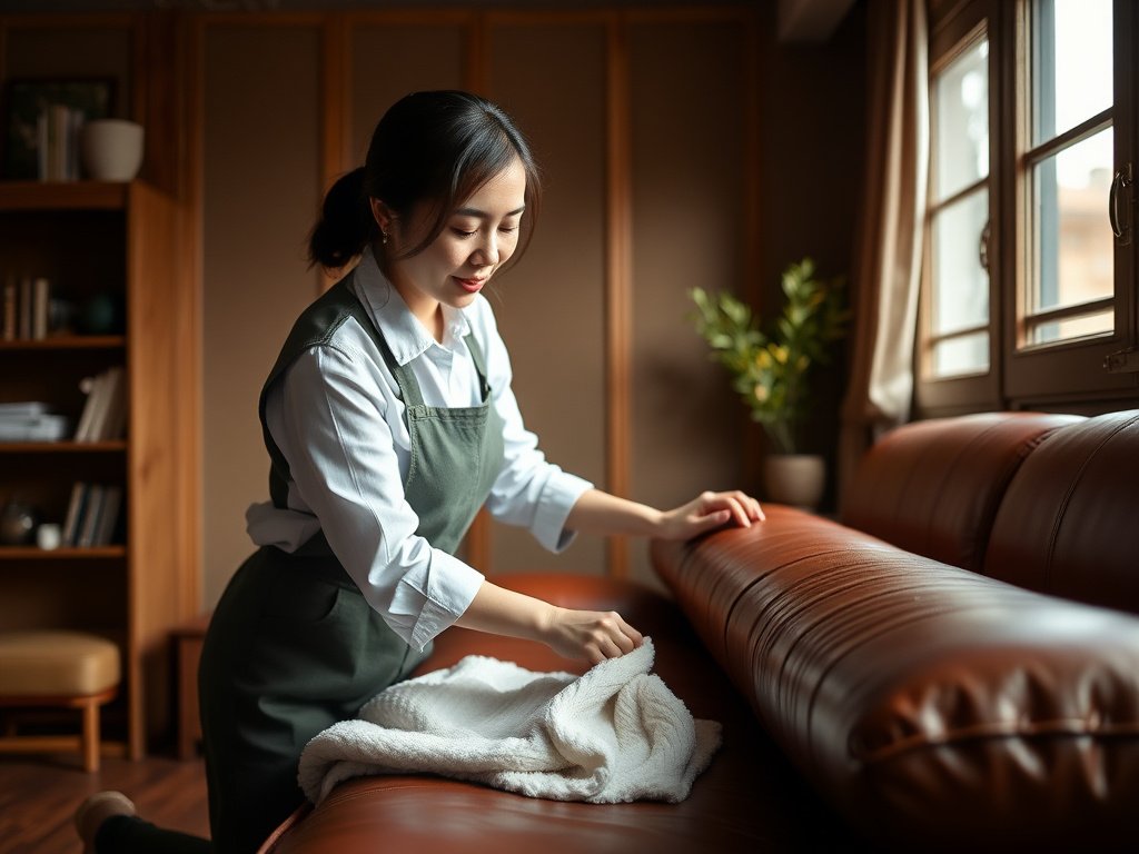 Người đàn ông Việt bôi dưỡng chất lên giường da trong phòng tối giản.