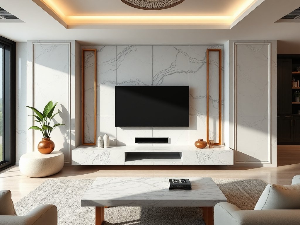 Bí Quyết Sử Dụng Kệ Tivi Lâu Bền Cho Ngôi Nhà Hiện Đại 10 Góc nhìn chi tiết của kệ tivi với sách và tượng nhỏ
