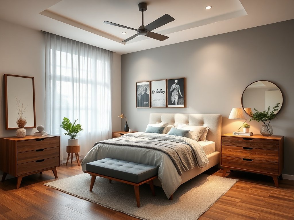 Phòng hiện đại với thảm mềm bảo vệ sàn và chân giường khỏi xước