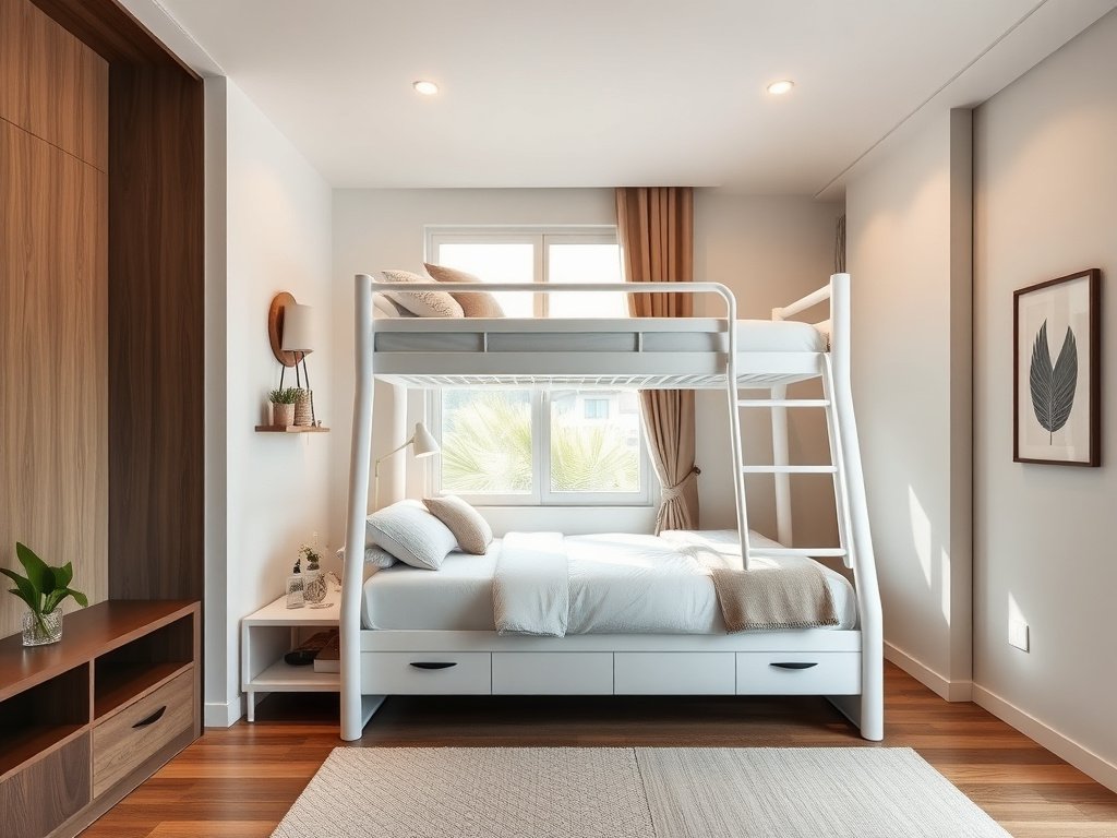8 Lỗi Phong Thủy Thường Gặp Giường Tầng Bạn Cần Biết 10 Giường tầng trắng xanh trong căn phòng nhỏ của căn hộ Việt Nam