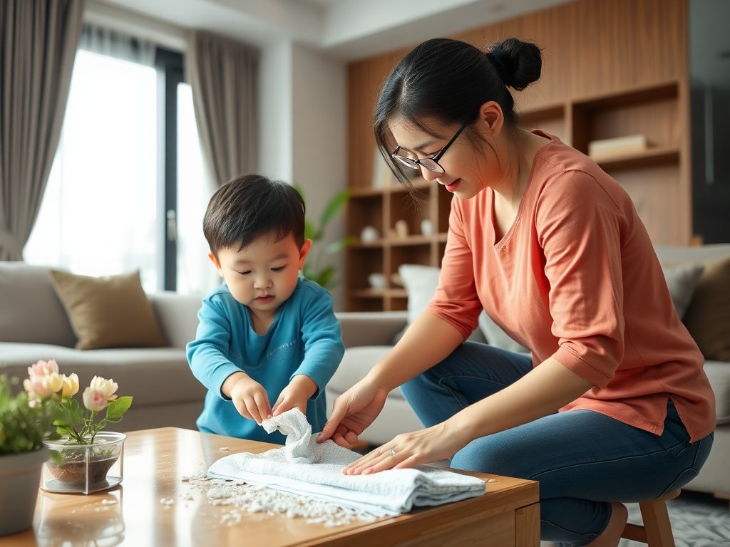 Ánh sáng mặt trời chiếu vào phòng khách với kệ tivi gỗ sạch sẽ