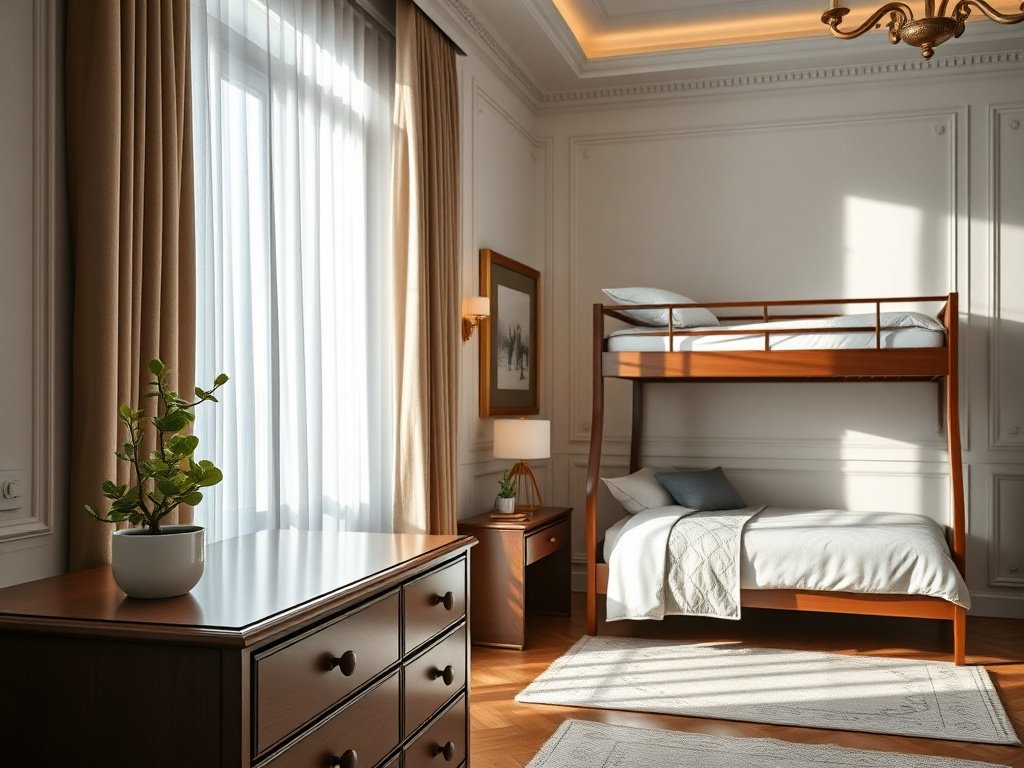 9 Loại Cây Phong Thủy Đặt Gần Giường Tầng Giúp Tăng Vượng Khí 6 Phòng ngủ tối giản với cây cau vàng bên cạnh giường tầng giản đơn