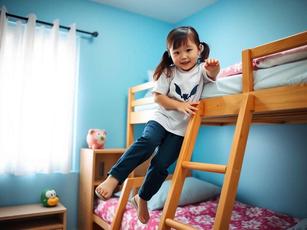 Điều Nên Tránh Khi Dùng Giường Tầng: Bí Quyết Chọn Lựa An Toàn Cho Gia Đình 14 Bé gái Việt Nam leo thang giường tầng một cách an toàn