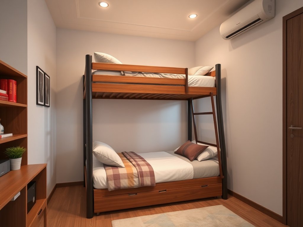 Người phụ nữ Việt đang kiểm tra và siết chặt khung giường tầng gỗ.