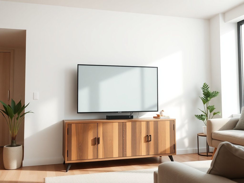 Cận cảnh phòng khách với kệ tivi gỗ sắp xếp gọn gàng không bụi