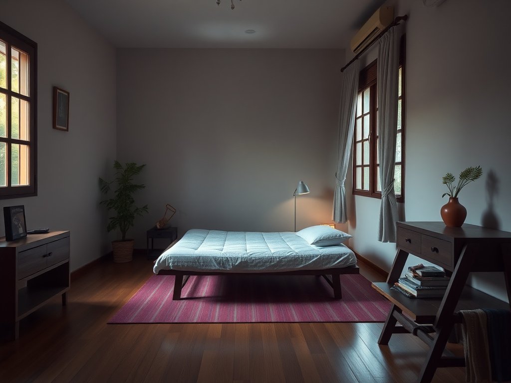 Góc chụp nghệ thuật của giường xếp mở một phần trong phòng sáng