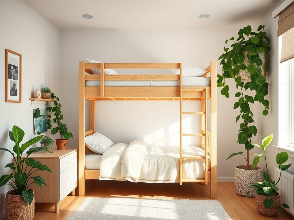 9 Loại Cây Phong Thủy Đặt Gần Giường Tầng Giúp Tăng Vượng Khí 10 Cây trúc trong chậu gốm bên cạnh giường tầng gỗ trong phòng sáng