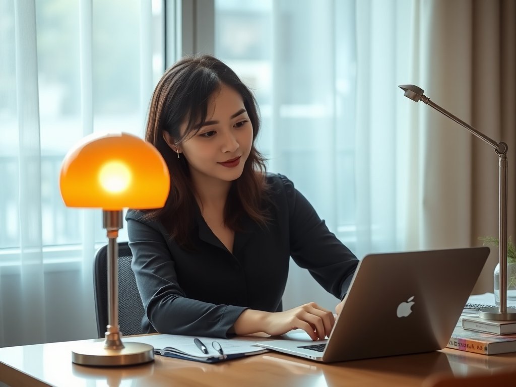 5 Cách Tận Dụng Ánh Sáng Cho Bàn Làm Việc Hiệu Quả 3 Người phụ nữ Việt Nam làm việc với đèn bàn phong cách