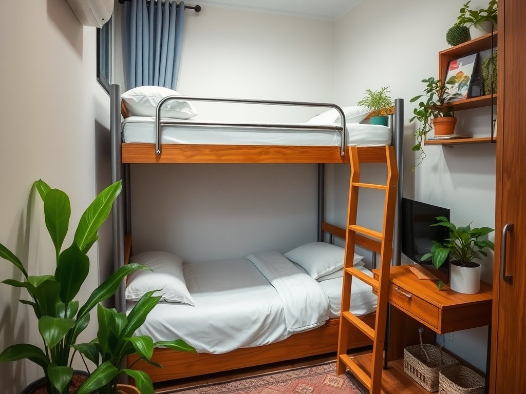 Giường tầng trong căn hộ Việt Nam nhỏ gọn, trang trí với cây xanh