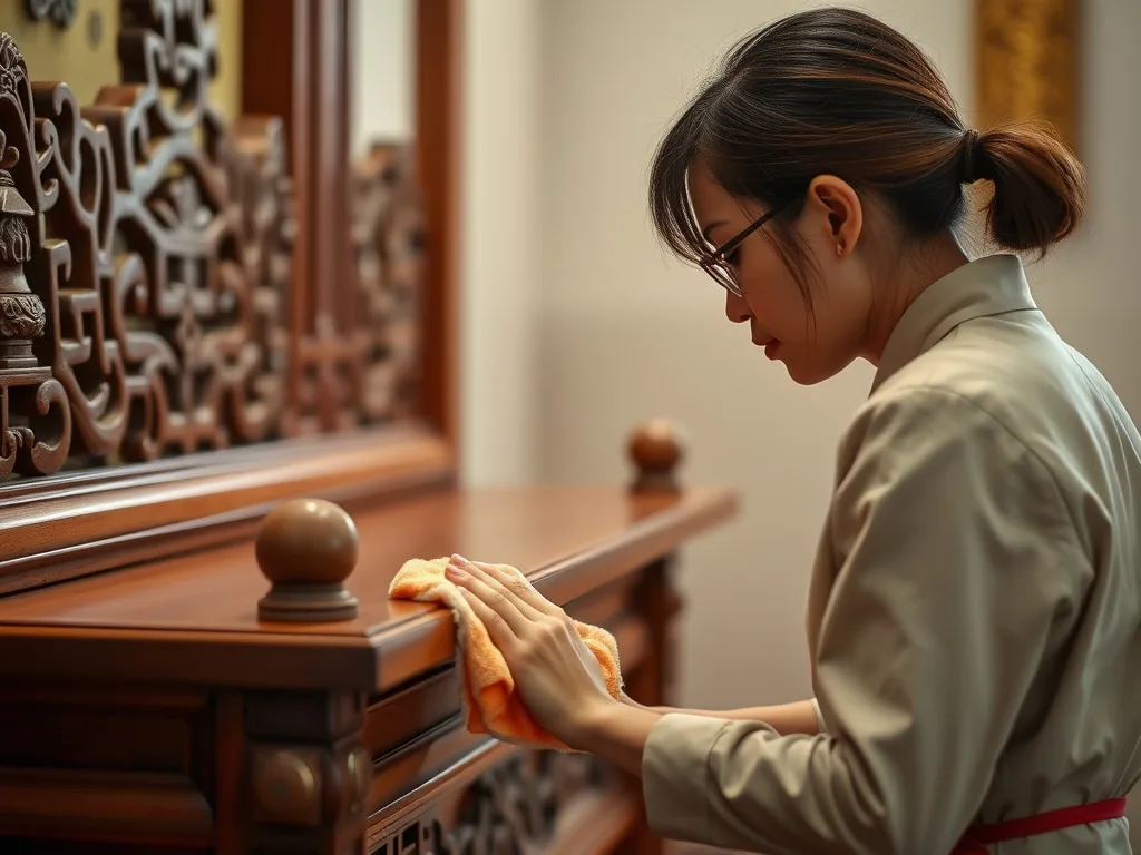 Người phụ nữ Việt đang lau dọn bàn thờ gỗ