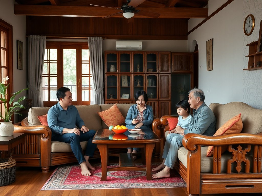 5 Cách Bảo Vệ Tủ Vào Mùa Mưa Hiệu Quả 3 Gia đình Việt Nam vui vẻ trong phòng khách với nội thất gỗ được bảo dưỡng tốt