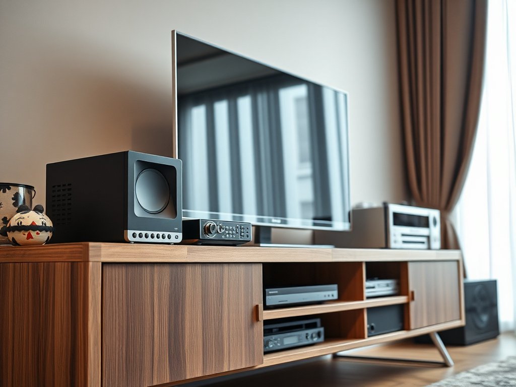 6 Dấu Hiệu Kệ Tivi Kém Phong Thủy Bạn Cần Biết 3 Cận cảnh kệ tivi thời trang bị bừa bộn bởi đồ điện tử.