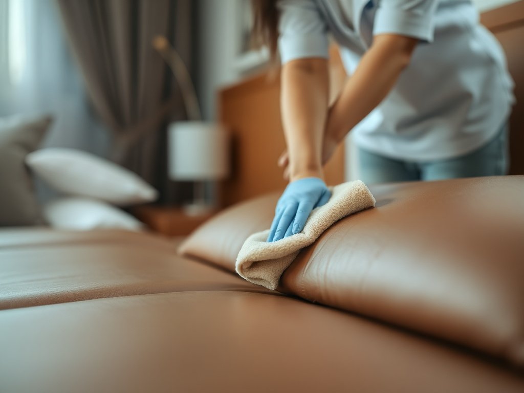 Người phụ nữ Việt lau giường da bằng khăn mềm.