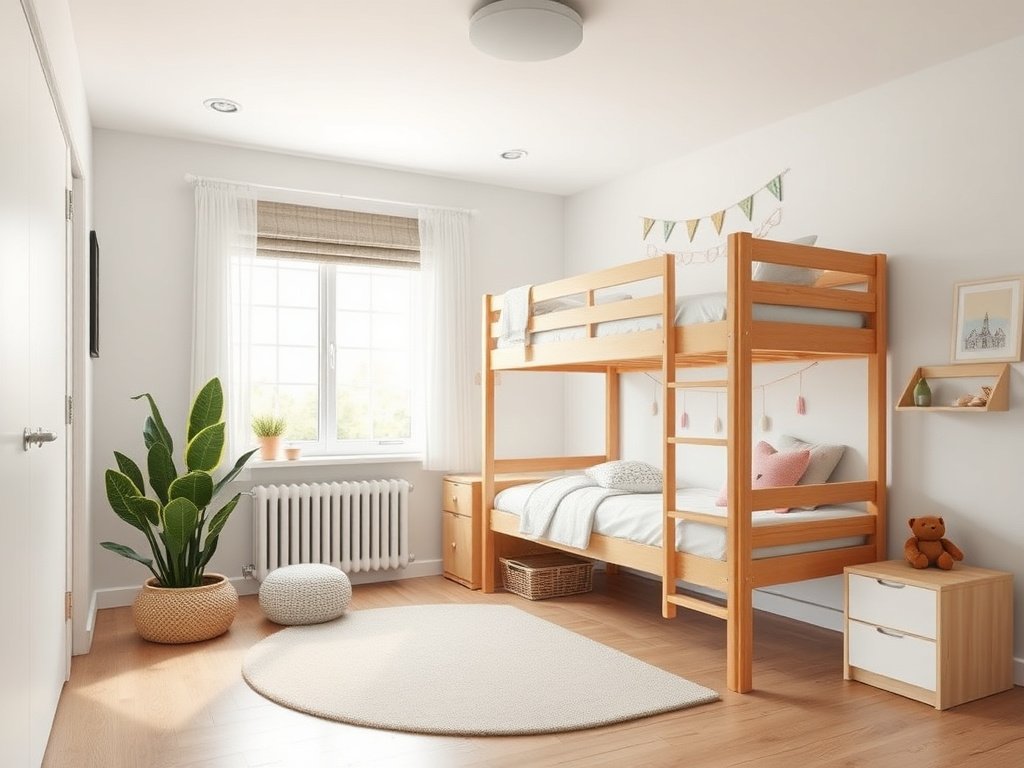 9 Loại Cây Phong Thủy Đặt Gần Giường Tầng Giúp Tăng Vượng Khí 3 Phòng trẻ em ấm cúng với giường tầng và cây lưỡi hổ ở góc