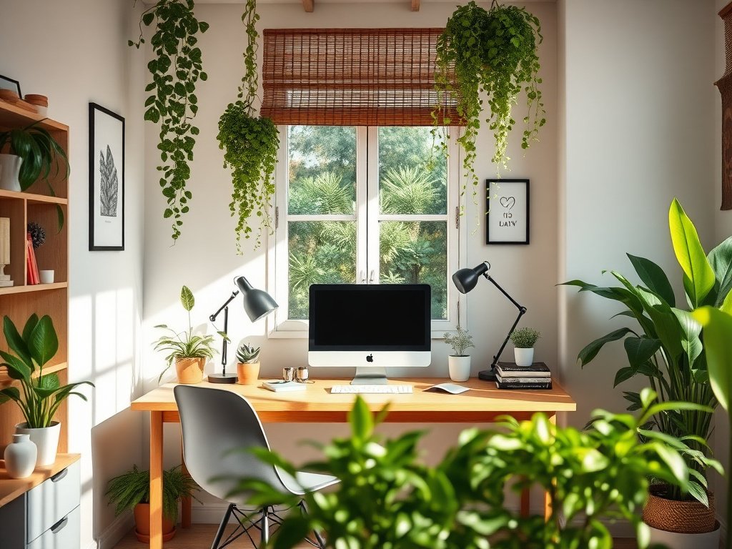 5 Cách Tận Dụng Ánh Sáng Cho Bàn Làm Việc Hiệu Quả 4 Bố trí góc làm việc ấm cúng với cây xanh và ánh sáng tự nhiên